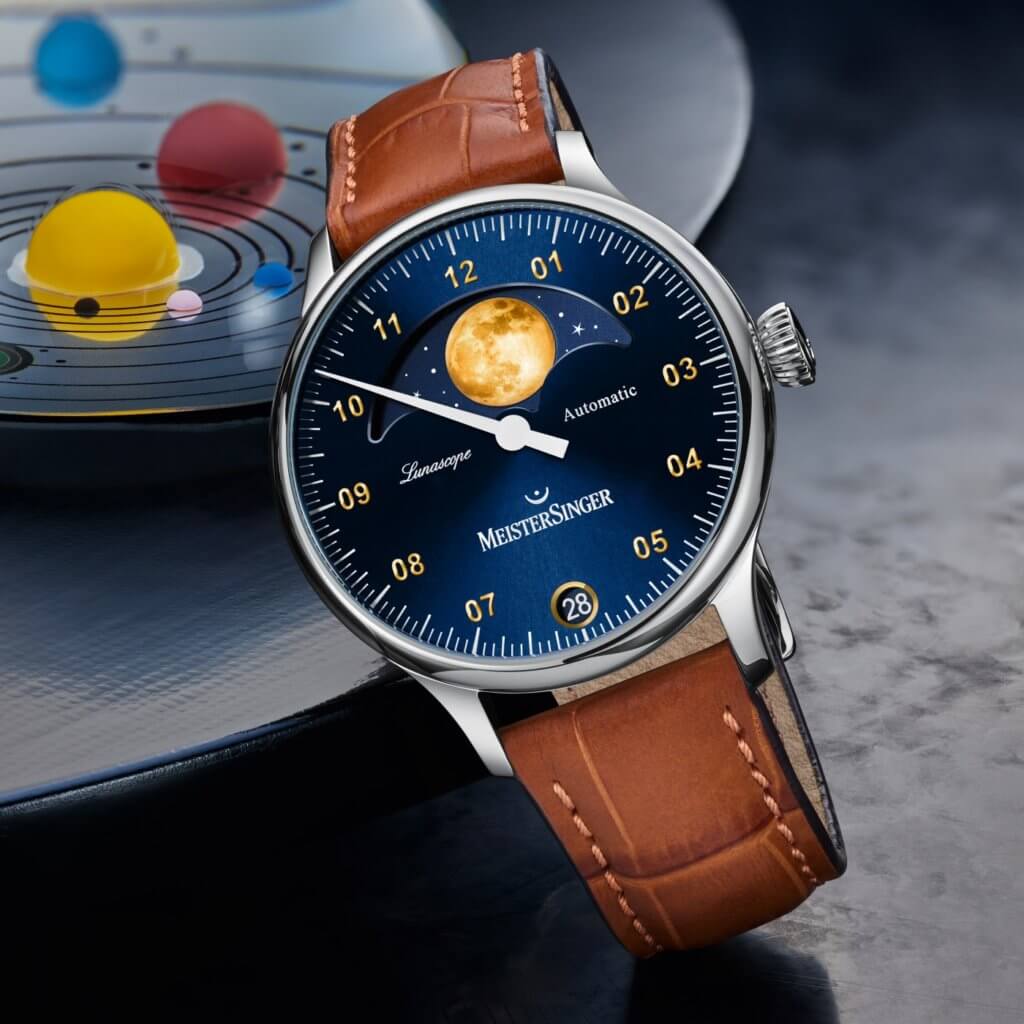 MeisterSinger Lunascope Uhr Sonnenschliff Blau/Gold Automatikwerk Juwelier Krebber Mönchengladbach Rheydt