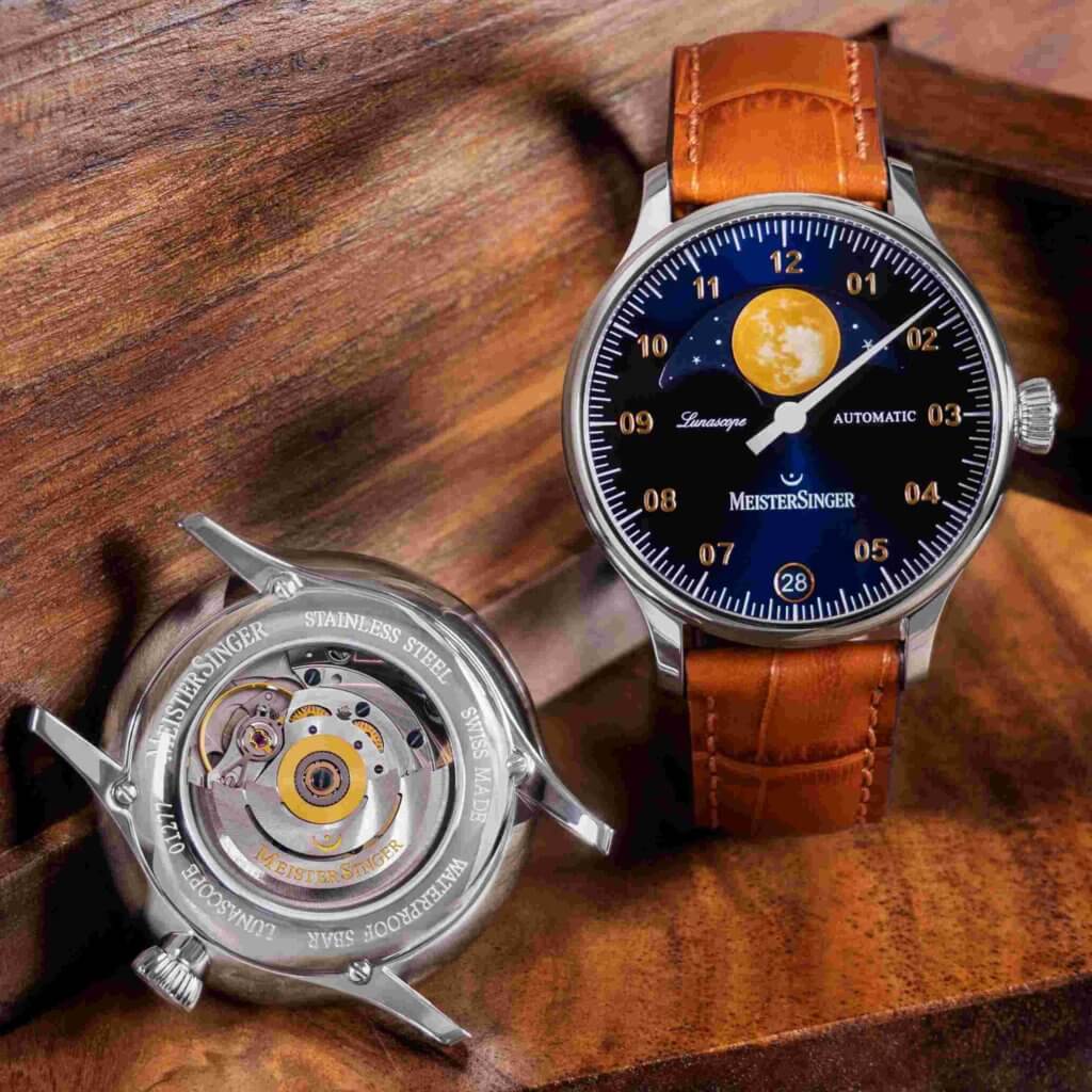MeisterSinger Lunascope Uhr Sonnenschliff Blau/Gold Automatikwerk Juwelier Krebber Mönchengladbach Rheydt