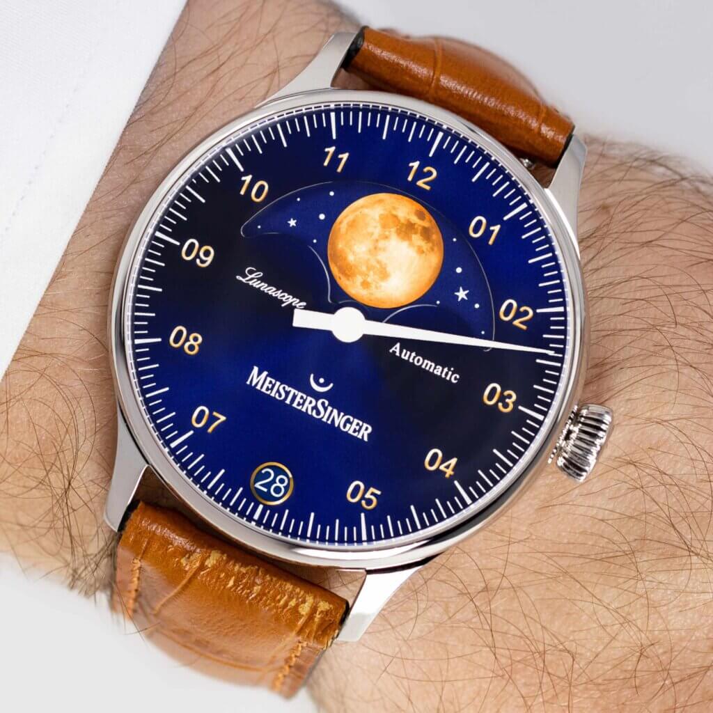 MeisterSinger Lunascope Uhr Sonnenschliff Blau/Gold Automatikwerk Juwelier Krebber Mönchengladbach Rheydt