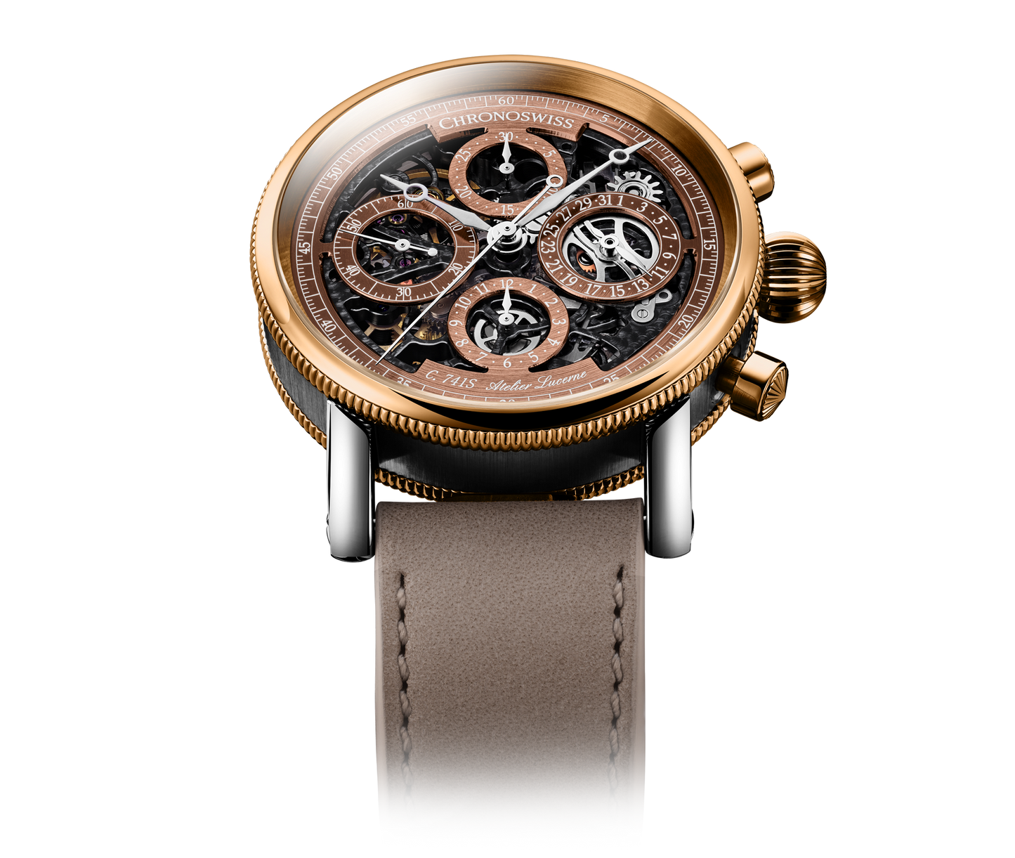 Chronoswiss Opus Chronograph Dakar Sundown – Detailansicht von Krone und Drückern bei Juwelier Krebber in Mönchengladbach-Rheydt