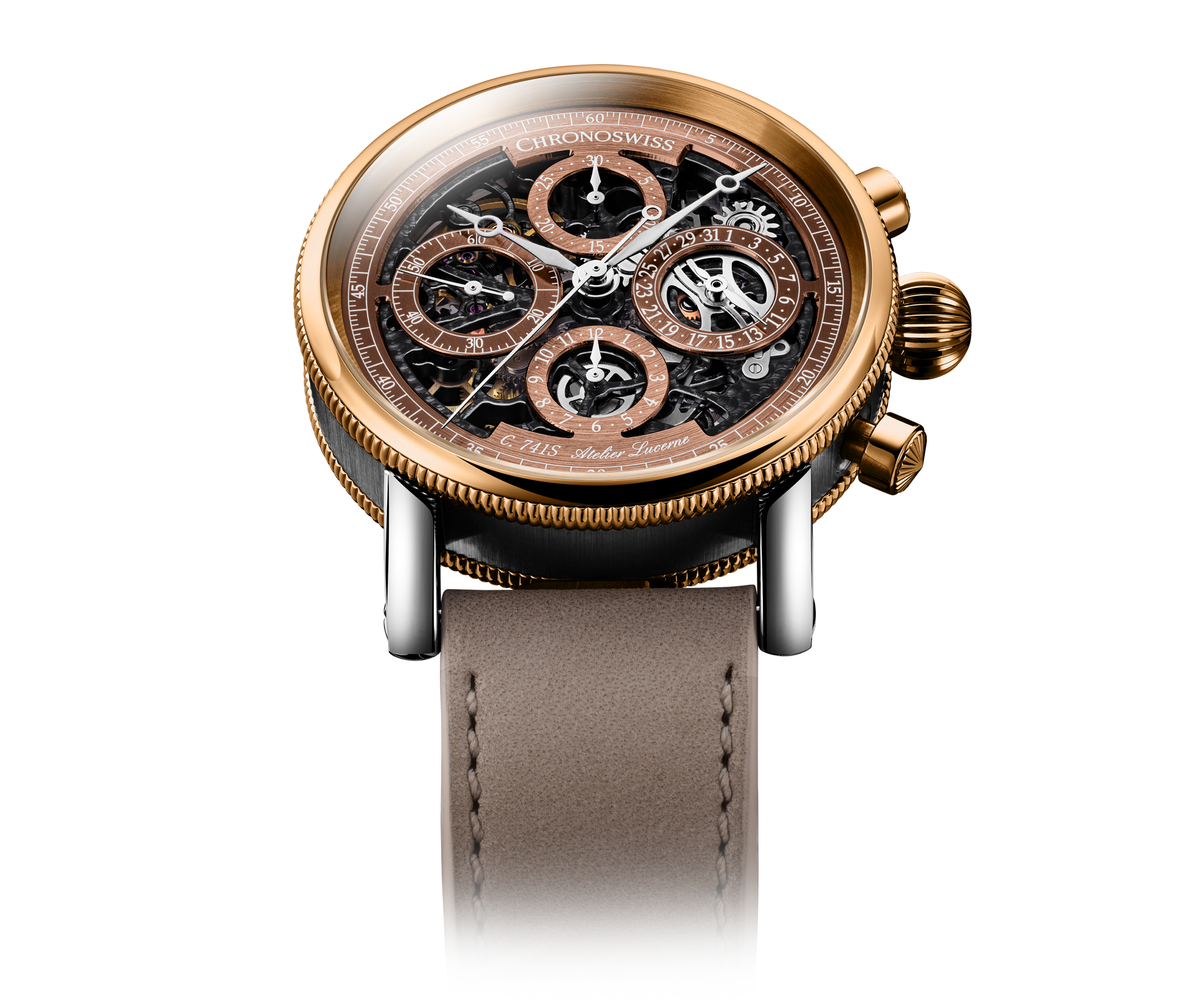 Chronoswiss Opus Chronograph Dakar Sundown – Detailansicht von Krone und Drückern bei Juwelier Krebber in Mönchengladbach-Rheydt