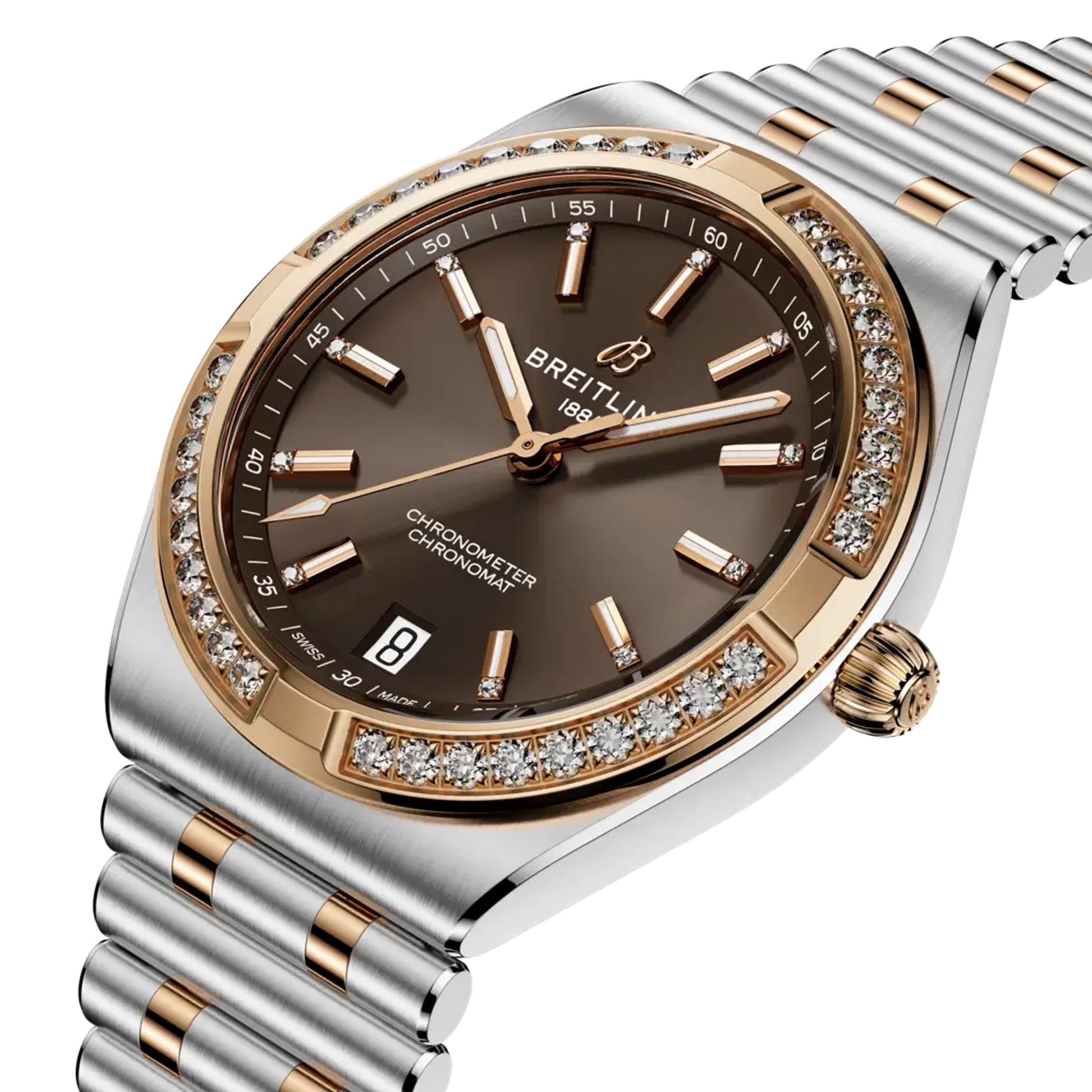 Breitling Chronomat Automatic 36 mm U10320591Q1U1 – Detailansicht von Zifferblatt und Diamantlünette bei Juwelier Krebber in Mönchengladbach-Rheydt