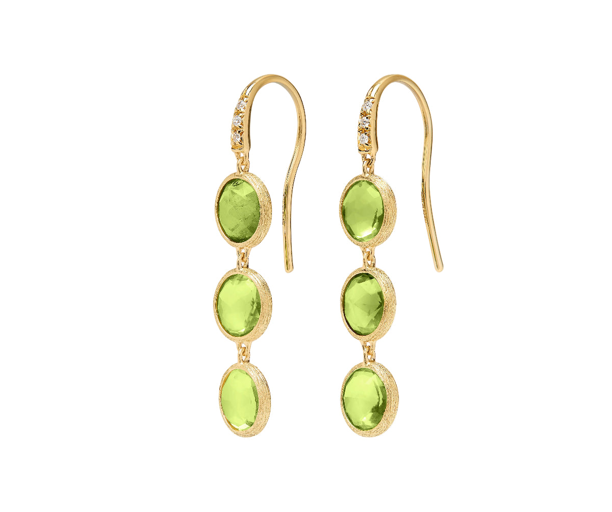 Marco Bicego Jaipur Color Dreifach-Ohrringe aus 18 Karat Gelbgold mit Peridoten und Diamanten bei Juwelier Krebber in Mönchengladbach-Rheydt.