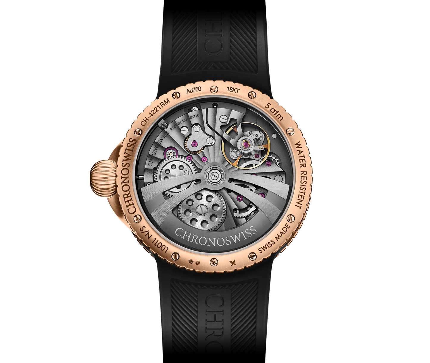 Chronoswiss Pulse GMT Frosted Guilloché Gold mit Manufakturkaliber C.6002 – Rückansicht bei Juwelier Krebber in Mönchengladbach-Rheydt