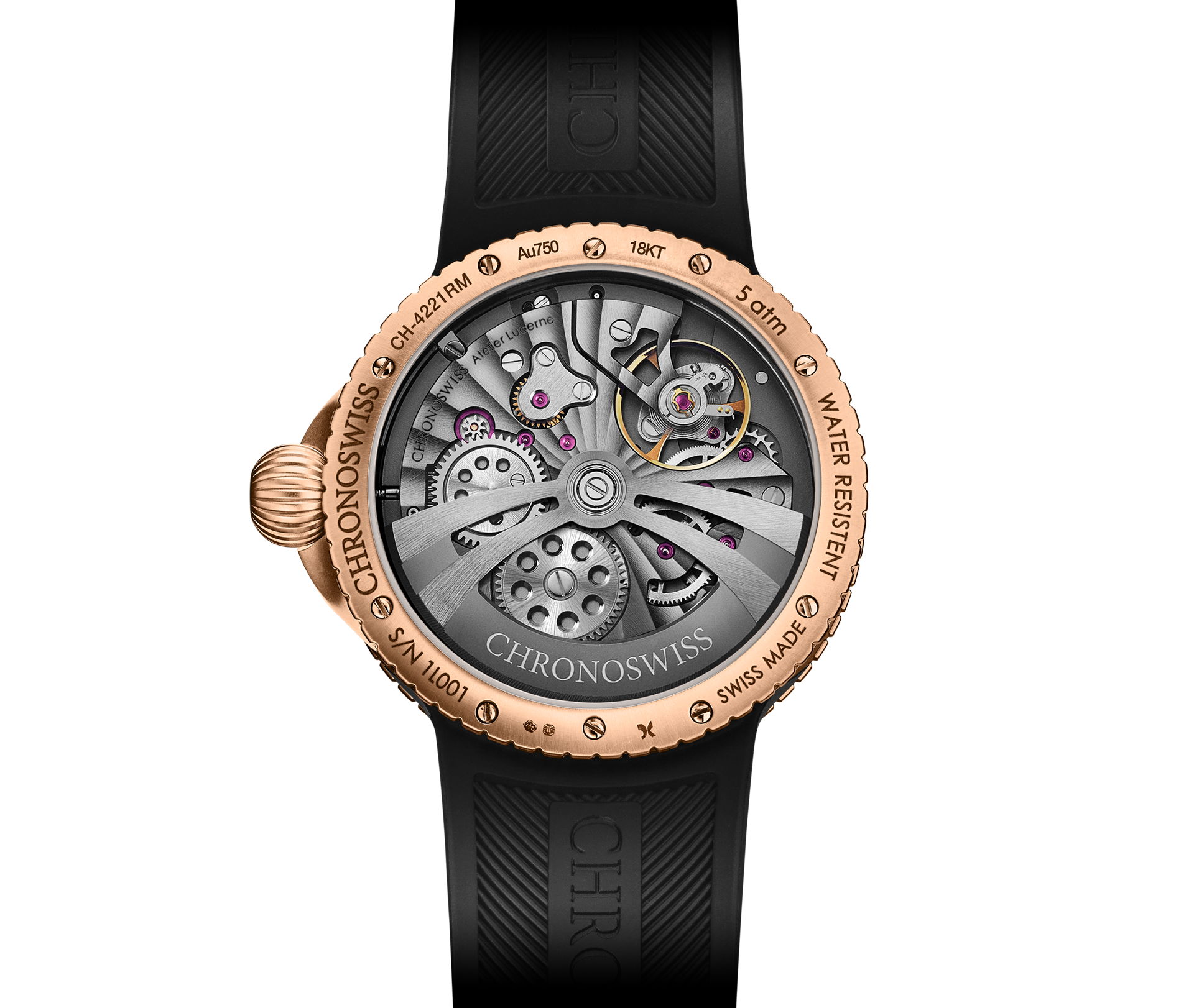 Chronoswiss Pulse GMT Frosted Guilloché Gold mit Manufakturkaliber C.6002 – Rückansicht bei Juwelier Krebber in Mönchengladbach-Rheydt