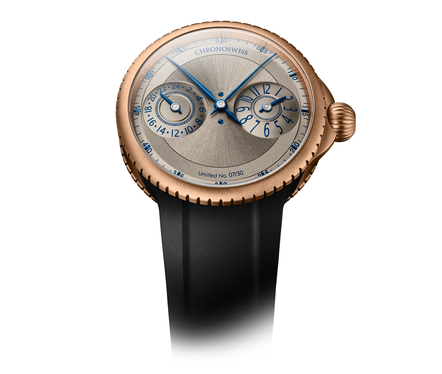 Chronoswiss Pulse GMT Frosted Guilloché Gold – Detailansicht von Krone und Gehäuse bei Juwelier Krebber in Mönchengladbach-Rheydt