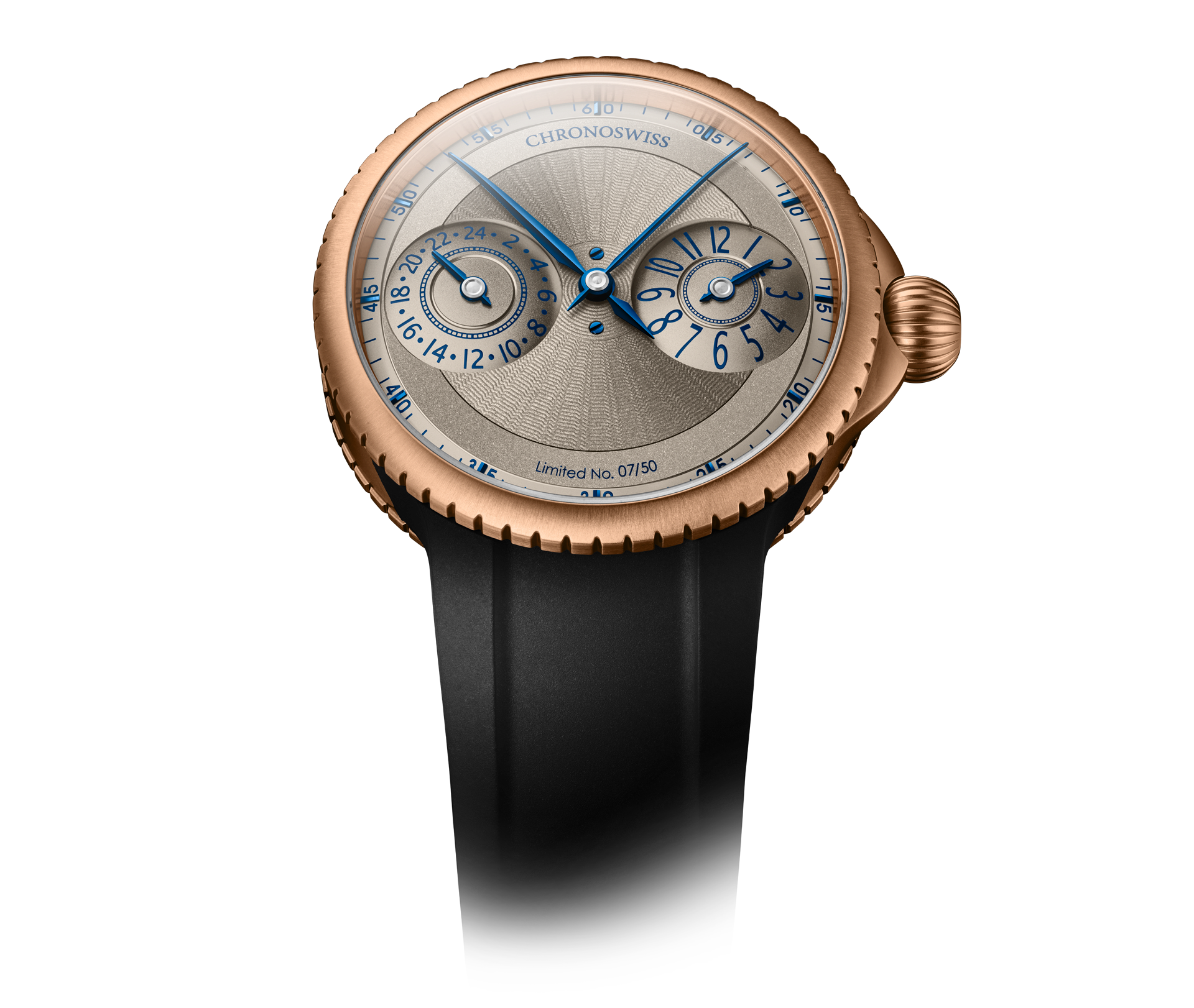 Chronoswiss Pulse GMT Frosted Guilloché Gold – Detailansicht von Krone und Gehäuse bei Juwelier Krebber in Mönchengladbach-Rheydt