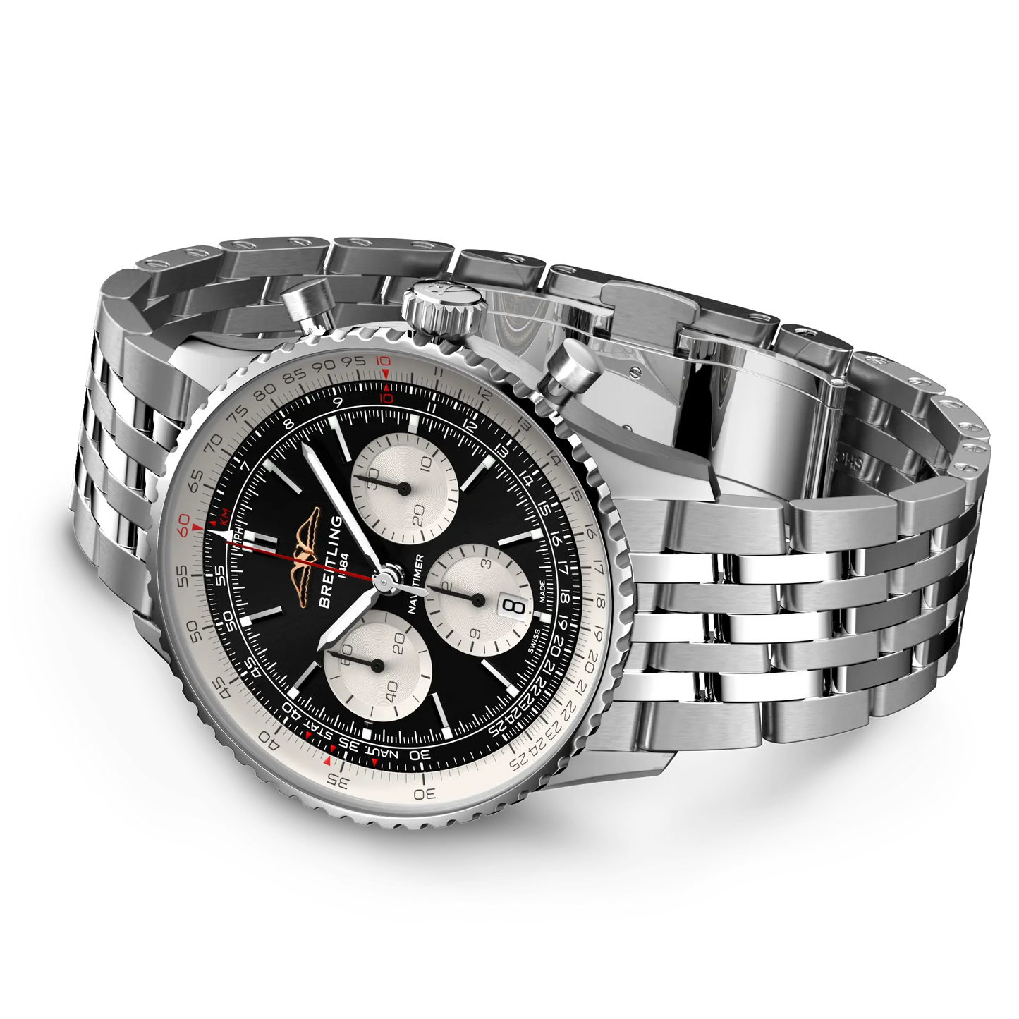 Breitling Navitimer B01 Chronograph 43 mm AB0138211B1A1 – Ansicht von Gehäuse und Armband bei Juwelier Krebber in Mönchengladbach-Rheydt