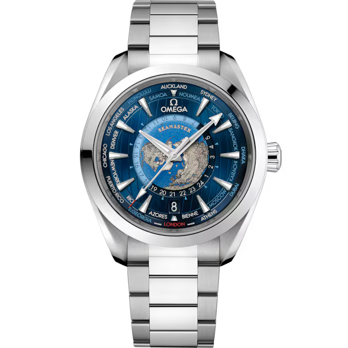 Omega - Seamaster Aqua Terra Worldtimer 43 mm Herrenuhr Vorderansicht Referenz 220.10.43.22.03.001 bei Juwelier Krebber in Mönchengladbach-Rheydt