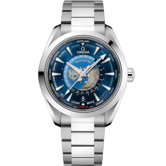 Omega - Seamaster Aqua Terra Worldtimer 43 mm Herrenuhr Vorderansicht Referenz 220.10.43.22.03.001 bei Juwelier Krebber in Mönchengladbach-Rheydt
