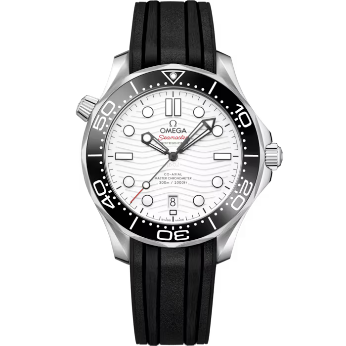 Omega Seamaster Diver 300m 42 mm Herrenuhr Detailansicht mit schwarzem Kautschukband Referenz 210.32.42.20.04.001 bei Juwelier Krebber in Mönchengladbach-Rheydt