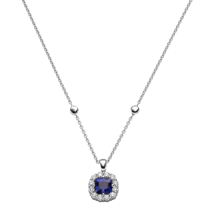 Weißgold Collier mit Brillanten und Saphir